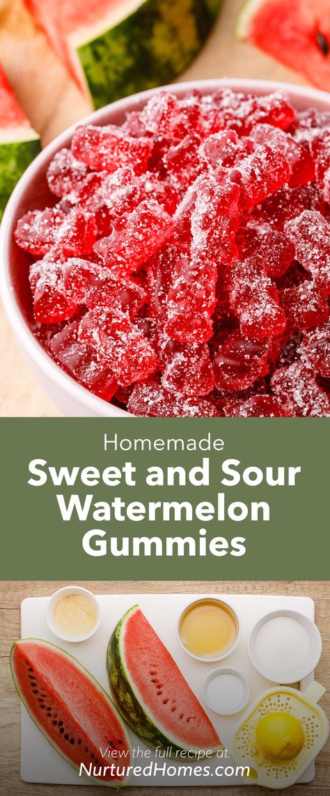 Sweet and Sour Watermelon Gummies - Nurtured Homes Sour Watermelon Gummies, Homemade Peach Ring Gummies, Fresh Summer Snacks, Gummy Candy Recipes Homemade, Home Made Candies, Homemade Gushers, Watermelon Gummies Recipe, Sour Recipes, Sour Candy Recipe