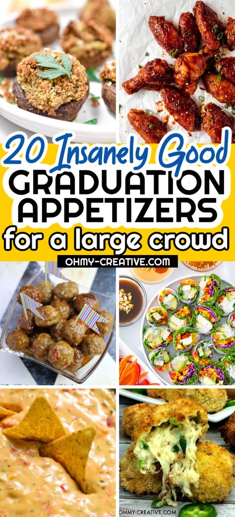 These Graduation Appetizers are easy to make for a crowd! Make delicious finger foods, dips and self-serve appetizers for your grad party! This Graduation Party Ideas: The Ultimate Guide will help with all your grad party planning! Open House Appetizer Ideas, Grad Party Appetizer Ideas, Finger Foods Graduation Party, Grad Party Finger Foods, Graduation Party Side Dishes, Finger Foods For Graduation Party, Graduation Finger Food Ideas, Easy Appetizers For Graduation Party, Grad Party Side Dishes