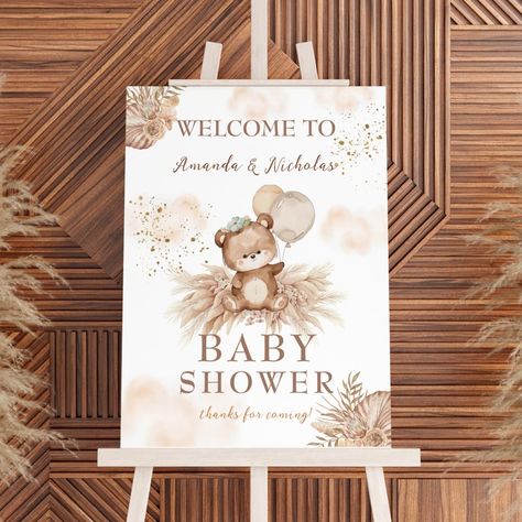 Boho Bear Neutral Pampas Baby Shower Welcome Sign Boho Bear Baby Shower Ideas, Boho Bear Theme, Bear Theme Gender Reveal, Bear Shower Invitations, Bear Baby Shower Ideas, Bear Hot Air Balloon, Best Teddy Bear, Baby Event, Shower Collection