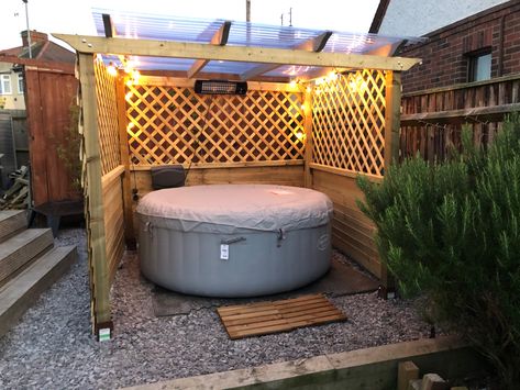 Wooden pergola with sides, built over a weekend! Hot Tub Garden Ideas Pergolas, Pergola With Sides, Diy Wooden Hot Tub, Hot Tub Roof Gazebo, Corner Pergola Over Hot Tub, Jacuzzi Under Gazebo, Hot Tub Pergola, Porch Party, Porch Parties