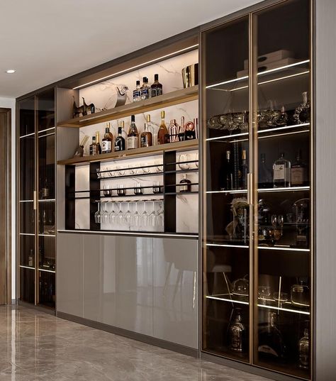 Modern Home Bar Designs, Cupboard Ideas, Crockery Unit Design, Bar Counter Design, Crockery Design, Home Bar Cabinet, Renovation Kitchen, Home Bar Rooms, Modern Home Bar