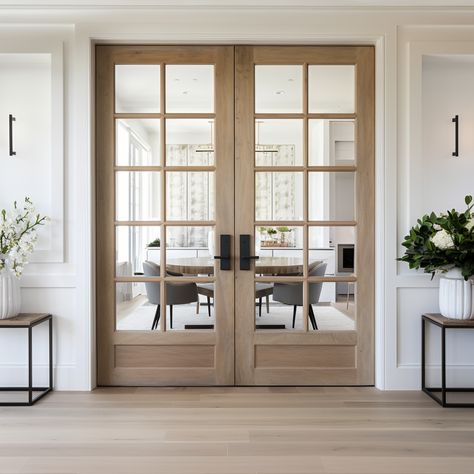 Interior Double French Doors, Double French Doors, Glass Interior, White Picket Fence, Picket Fence, Glass Doors, White Oak, French Doors, Dining Room