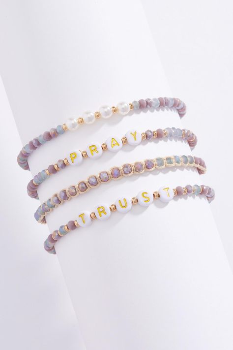 4 piece setStretch bandLetter beads read quotprayquot and quottrustquotImported Beaded Bracelets For Kids, Bracelets For Kids, Baseball World Series, Moms Bracelet, Beach Theme, World Series, Beach Themes, Wristlets, Bracelet Set