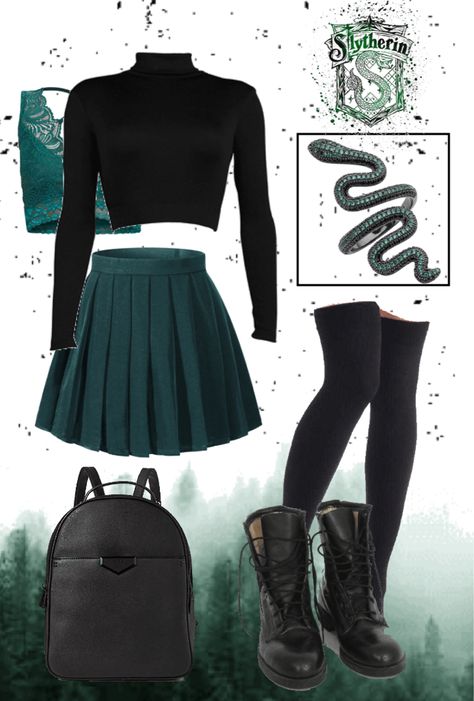 Plus Size Slytherin Outfit, Diy Slytherin Costume, Slytherin Costume Women, Slytherin Outfit Casual, Slytherin Aesthetic Clothes, Slytherin Party Outfit, Modern Slytherin Outfit, Hogwarts Inspired Outfits, Slytherin Girl Outfit