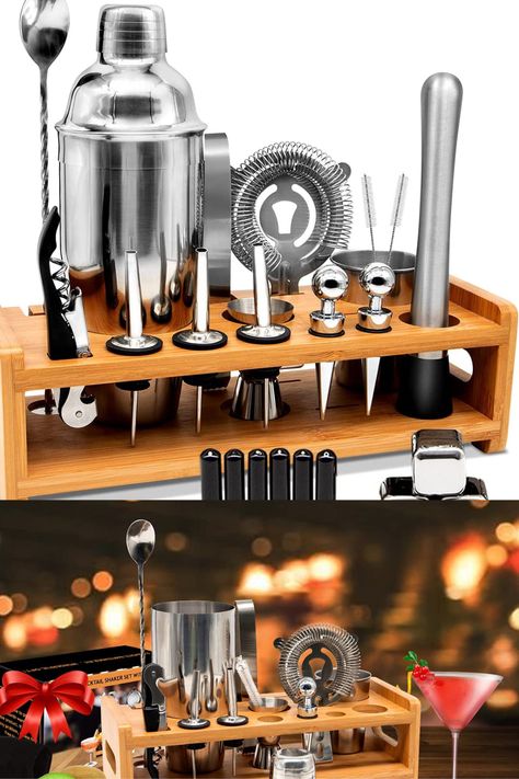 Bartender Set Contains - Cocktail shaker, storage cup, muddler, corkscrew, spoon, strainer, ice tongs, jigger, mesh strainer, 2 brushes, 2 bottle stoppers, 3 liquor pourers, 3 ice stones, 6 caps, bamboo stand. Our bar tool set can meet most of your bartenders' need, whether you're a professional or a beginner. Shaker Storage, Bartender Set, Bartending Kit, Bartender Kit, Cocktail Kit, Ice Stone, Christmas Drink, Ice Tongs, Bar Tool Set