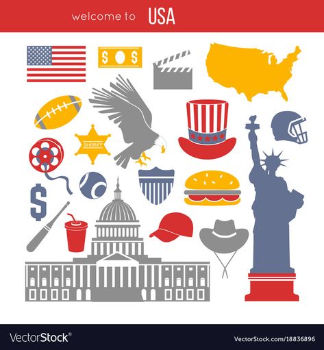 Usa culture symbol set europe travel usa Vector Image Usa Symbols, United States Symbols, Usa Culture, Donuts Cake, English Corner, Travel Vector, Usa Party, Countries And Flags, Travel Art Journal