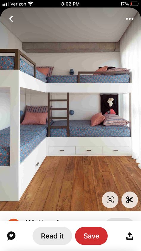 5 Beds In One Room Ideas, Custom Bunk Beds Built Ins Small Room, Bed For Four Kids, 3 Story Bunk Beds, 5 Bunk Beds In One Room, 4 Bunk Beds In One Room Corner, Corner Bunk Room Ideas, L Shaped Bunk Room, Small Bunk Bedroom Ideas