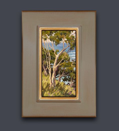 Eucalyptus on the cliffside above the sea! Just love painting these beautiful trees and the warm golden light they reflect. This original Oil is 4" x 8" and is framed and ready to hang. Jim@JimMcConlogue for more information and www.JimMcConlogue.com to purchase this and many others. Enjoy! Frame Oil Painting, Oil Painting Frames Ideas, Landscape Photo Frame, Small Painting Big Frame, Glass Picture Frame Painting, Oil Painting Frames, Empty Frames, Old Paintings, Golden Lights