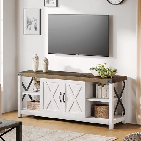 Alkmaar 60" TV Stand for TVs up to 65", Farmhouse Wood TV Stand Entertainment Center with Storage (White) (As an Amazon Associate I earn from qualifying purchases) Cabinet Entertainment Center, Stand For Tv, Entertainment Center With Storage, Barn Door Tv Stand, Farmhouse Tv, Modern Tv Cabinet, Tv Stand Decor, Media Console Table, White Tv Stands