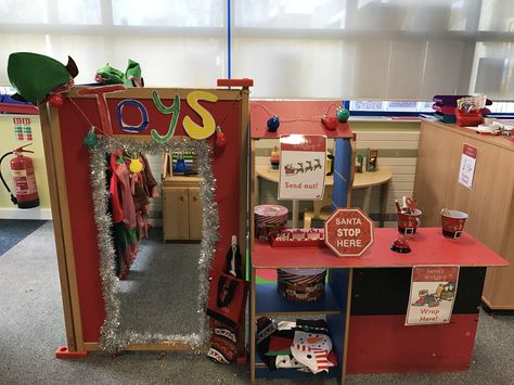 Elf Workshop Dramatic Play, Santas Workshop Role Play Area, Christmas Role Play Area, Christmas Grotto Ideas, Grotto Ideas, Elf Workshop, Christmas Grotto, Play Preschool, Dramatic Play Themes