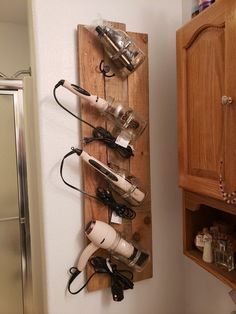 Diy Hair Tools Organizer, Mason Jar Hair Tool Holder, Hair Tools Organization Diy Wall, Curling Iron Holder Diy Wall Mount, Hair Tool Wall Organizer, Hot Tool Organization, Diy Hair Station At Home, Hairbrush Storage Ideas, Dyson Hair Tools Organization