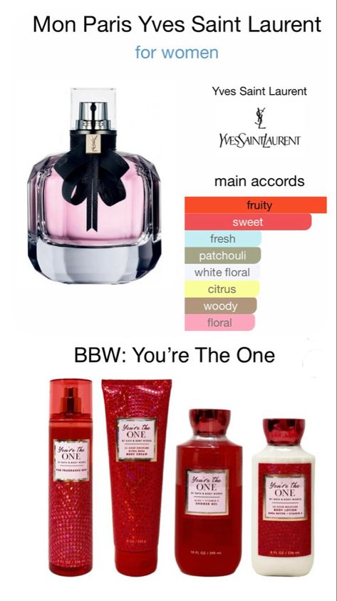 Your The One Bath And Body Works, You're The One Bath And Body Works, Perfume Combos Bath And Body Works, Bath And Body Works Layering Combos, Bath And Body Works Combo, Layer Fragrance, Fragrance Combos, Yves Saint Laurent Mon Paris, Saint Laurent Mon Paris