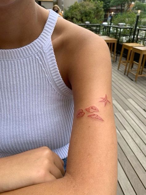 Trendy Fine Line Tattoos, Dainty Bicep Tattoo, Starfish Ankle Tattoo, East Coast Tattoo Ideas, Bahamas Tattoo Ideas, Dainty Ocean Tattoos, Bermuda Tattoo, Small Red Ink Tattoo Ideas, Red Small Tattoos