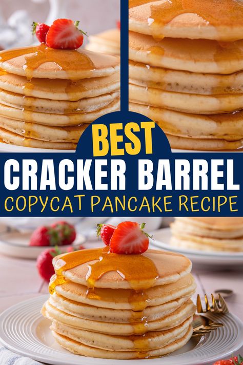 These Cracker Barrel pancakes are just like the ones from the restaurant, and they might be even better. Thick and fluffy with the perfect flavor, you'll love these buttermilk pancakes! Cracker Barrel Pancakes Copycat, Restaurant Pancake Recipe, Restaurant Pancakes, Cracker Barrel Pancake Recipe, Copycat Cracker Barrel Pancakes, Krusteaz Recipes, Cracker Barrel Pancakes, Peach Pancakes, Kid Friendly Meals Dinner