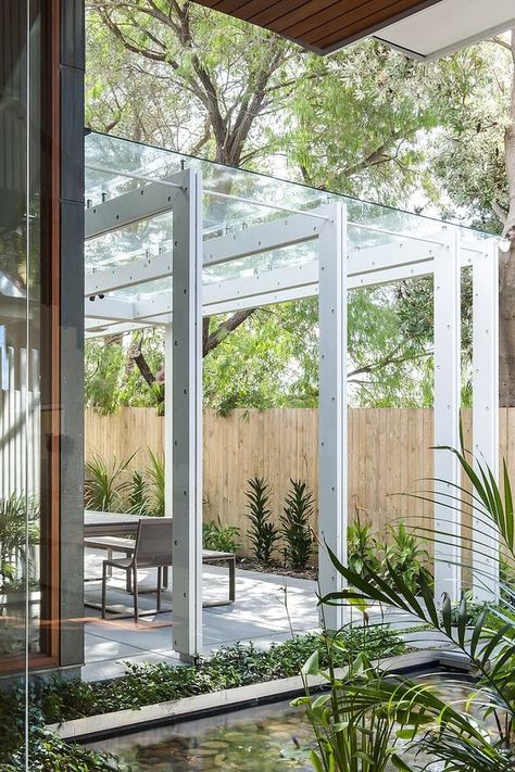 Pergola with stainless steel beams and a glass top: Modern Pergola Designs, Sydney House, Kolam Air, Garden Pergola, Steel Pergola, Building A Pergola, Modern Pergola, Pergola Attached To House, Metal Pergola