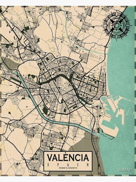 "Valencia City Map of Spain - Vintage" Poster for Sale by deMAP | Redbubble Valencia Map, Zine Making, Spain Vintage, Map Of Spain, Eco Village, Valencia City, Vintage City, City Planning, Vintage Poster Design