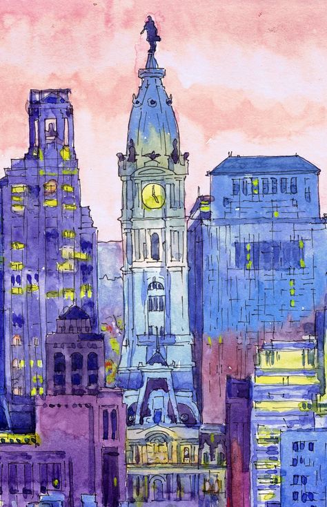 San Francisco Art SF Skyline City Print Watercolor Painting - Etsy Ukraine Pennsylvania Wall Art, Philly Poster, Gcse Architecture, City Watercolor Painting, Philadelphia Painting, Skyline Watercolor Painting, Philadelphia Skyline Art, Philadelphia Art Print, Sf Skyline