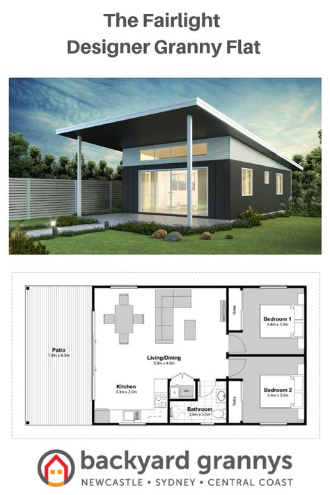 This spacious 2 bedroom granny flat design features a raked ceiling with highlight windows. This designer granny flat has been created for lovers of indoor/outdoor living. This granny flat floor plan is most appealing for a standard sized block.  #grannyflats #grannyflat #designergrannyflat #grannyflatdesign #grannyflatfloorplan #grannyflatinspiration #twobedroomgrannyflat #architecturallydesigned #smallhome #tinyhome #investmentgrannyflat 2 Bedroom Design, 2 Bedroom Granny Flat, House 2 Bedroom, Granny Flat Plans, Mother In Law Cottage, Flat Plan, Small House Floor Plans, Tiny House Floor Plans, Granny Flat