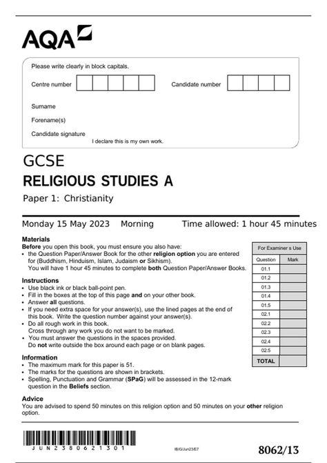 aqa-gcse-religious-studies-a-paper-1-christianity-monday-15-may-2023 Gcse Revision, How To Pass Exams, 15 May, Religious Studies, May 2023, Question Paper, School Motivation, Question Mark, Study Materials