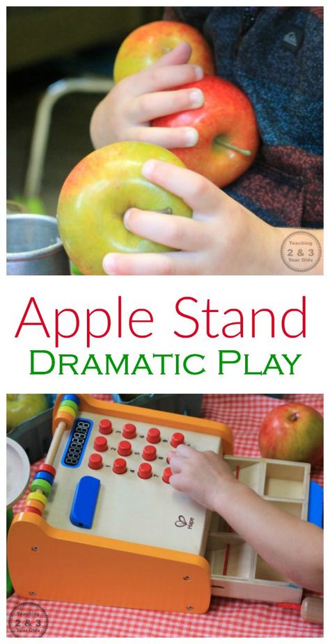 Create an apple stand in your preschool dramatic play area this fall! From Teaching 2 and 3 Year Olds Apple Dramatic Play, Dramatic Play For Toddlers, Fall Dramatic Play, Dramatic Play Toddlers, Preschool Apples, Preschool September, Sensory Recipes, Apple Stand, Prek Centers