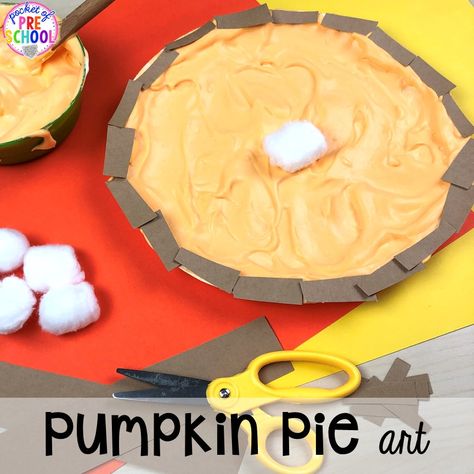 Puffy paint pumpkin pie art for a Thanksgiving or fall theme. My preschool and pre-k friends will love this. Fine motor work too! Pumpkin Pie Art, Pie Craft, Centers For Preschool, Preschool Food, Centers Kindergarten, Thanksgiving Activities Preschool, Preschool Thanksgiving, Pie Art, Thanksgiving Lessons