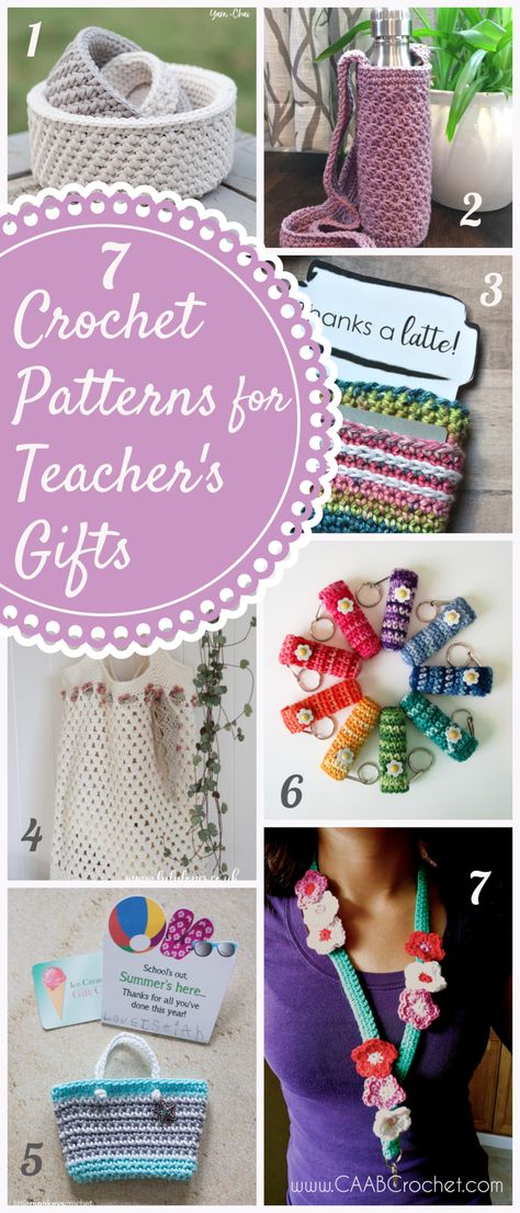 7 Crochet Patterns for Teacher's Gifts! These patterns are practical, cute and a wonderful gift for any teacher! It will be hard to pick just one! #caabcrochet #crochetpattern #teachergift Teacher Crochet Gifts Patterns, Teacher Gift Crochet, Crochet Gift Ideas For Teachers, Crochet Ideas For Teachers Gifts, Crochet Teacher Appreciation Gifts, Crochet Teacher Gifts Free Pattern, Crochet Gifts For Teachers, Crochet Teacher, Crochet Teacher Gifts