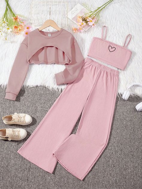 SHEIN Tween Girl Heart Print Cami Top & Pants & Super Crop Pullover | SHEIN USA Cute Outfits With Shorts, Adrette Outfits, 2023 Aesthetic, Crop Pullover, Outfit 2022, Outfits Dresses, Cute Dress Outfits, Casual Preppy Outfits, Heart Sweatshirt