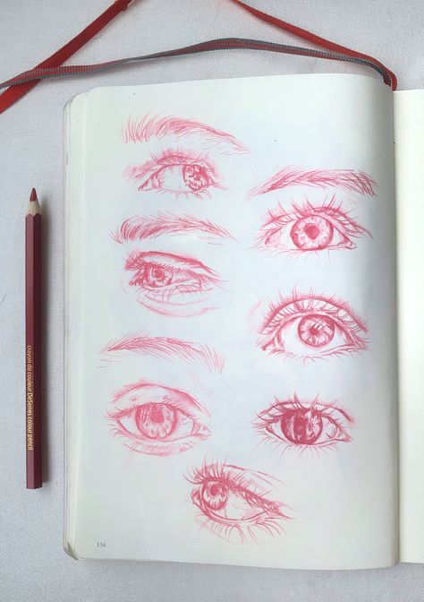 Eye Sketch Color Pencil, Eye Sketchbook Page, Color Pencil Eye Drawing, Red Pencil Sketch, Red Pencil Drawings, Colored Pencils Aesthetic, Red Eyes Drawing, Fashion Illustration Hair, Red Sketch