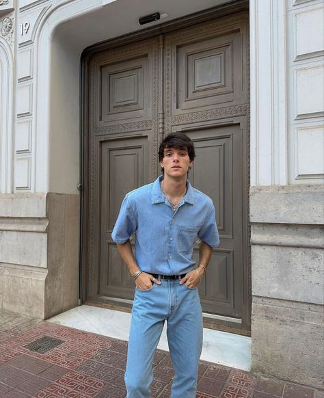 All Denim Outfit Men, Short Sleeve Shirt Outfit, All Denim Outfits, Denim Outfit Men, Shirt Outfit Men, Stylish Men Casual, Soft Boy, Men Photography, Streetwear Men