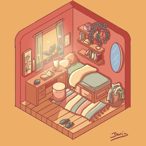 A cosy isometric bedroom with warm colors and sunlight coming from the window. Green Rug Aesthetic, Drawing Room Concept, Room Concept, House Interior Living Room, Rug Aesthetic, Aesthetic Living Room, Interior Living Room, Concept Ideas, Drawing Room