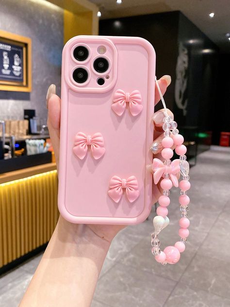 1pc 3D Bowknot Phone Case With Beaded Bow Lanyard, Compatible With IPhone 7/8/X/11/12/13/14/15 - Festival Gift, Girls' Gift Pink    TPU  Ordinary Mobile Phone Case   Cases, size features are:Bust: ,Length: ,Sleeve Length: Shein Iphone 11 Cases, Mobil Pink, Iphone 12 Phone Cases, Sparkly Phone Cases, Orange Phone, Beaded Bow, Girly Phone Cases, Iphone Obsession, Kawaii Phone Case