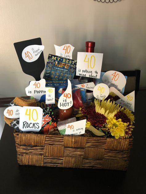 40th Birthday Gift Wrapping Ideas, 40's Survival Kit 40th Birthday, 40th Ideas For Men, Gift Basket 40th Birthday, 40 Year Old Gift Basket, 60 Birthday Basket, 50th Birthday Box Gift Ideas, Homemade 40th Birthday Gifts, Mom 40th Birthday Gifts