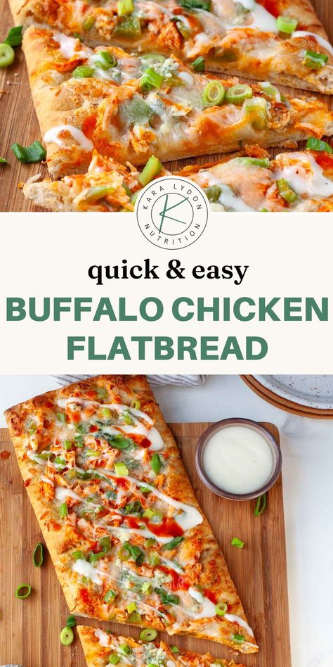 Dinner ready in 20 minutes! This buffalo chicken pizza recipe is so easy to make for a weeknight dinner when you're in a pinch for time. Flatbread is topped with ranch dressing, shredded rotisserie chicken mixed with Buffalo sauce, bell pepper, cheese, and green onion. Perfect for a game day appetizer or quick weeknight meal! Buffalo Chicken Flatbread Recipes, Buffalo Chicken Flatbread Pizza, Chicken Flatbread Recipes, Quick Pizza Recipes, Buffalo Chicken Flatbread, Buffalo Chicken Pizza Recipe, Chicken Flatbread Pizza, Chicken Pizza Recipe, Vegetarian Pizza Recipe