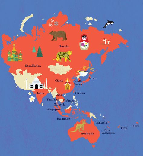 map of the asia-pacific region for the annal report of the BPCE group.  #map #illustration #illustratedmap #asia #pacific #russia #matrioschka #australia #art #design #editorial #mapping #worldmap Asia Pacific Map, Maps Illustration Design, Country Images, 2022 Goals, Asia Continent, Australia Art, Holiday Homework, Illustrated Maps, Asia Map