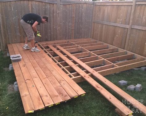 Build A Floating Deck, Deck Building Plans, Building A Floating Deck, Laying Decking, Concrete Patios, Floating Deck, Wooden Deck, Deck Construction, House Deck