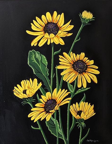 Sunflower Painting Black Background, Sunflower Chalkboard Art, Sunflower Painting Acrylic, Painted Angels, Petal Template, Realistic Flower Drawing, Black Background Painting, Make Your Own Paper, Mural Art Design