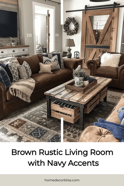 brown rustic living room Rustic Leather Sectional Living Room, Family Room Design Brown Leather Couch, Turquoise Rustic Decor, Wood Themed Living Room, Family Room Brown Couch, Rustic Masculine Living Room, Farmhouse Living Room With Dark Couch, Gray And Leather Living Room, Blue Gray Brown Living Room