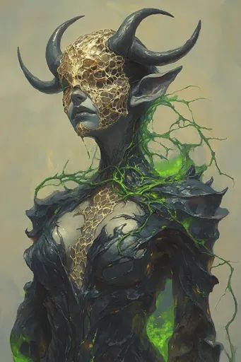 ↑↑↑ Larger size on website 🔸 A female creature with large horns and pointed ears is depicted. Her skin is a dark gray, and she we Female Minotaur, Ancient Wizard, Female Creature, Stream Setup, Green Flames, Yuan Ti, Female Monster, Pointed Ears, Mythological Creatures