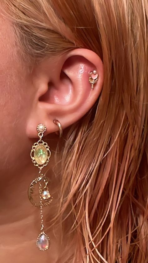 Two Lobe Piercings And Cartilage, Helix Piercing And Double Lobe, 2 Lobes And Helix Piercing, Helix And 2 Lobes, Double Helix Jewelry, Single Lobe And Helix Piercing, Helix Piercing With Double Lobe, Earring Setup, Earring Curation