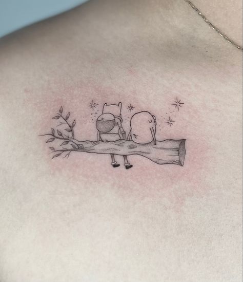 Black And White Adventure Time Tattoo, Adventure Time Patchwork Tattoo, Adventure Time Sibling Tattoo, Adventure Time Inspired Tattoos, Adventure Time Minimalist Tattoo, Come Along With Me Tattoo, Bluey Inspired Tattoos, Everything Stays Tattoo Adventure Time, Bemo Adventure Time Tattoo