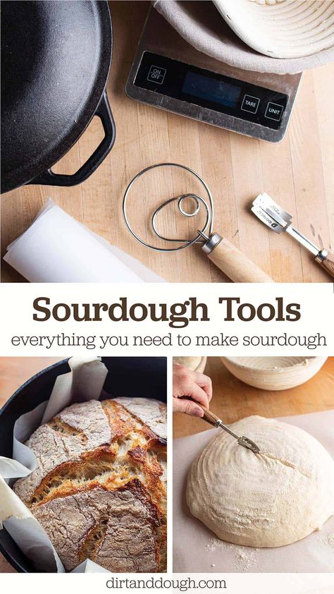 Essential sourdough tools and equipment you will need to care for a sourdough starter and making sourdough bread. These are things that get the job done and make your time baking easier and more efficient. Baking Essentials Tools, Bread Making Tools, Make Your Own Bread, King Arthur Flour Recipes, Making Sourdough Bread, Best Dutch Oven, Sourdough Bread Starter, Danish Dough, Bread Lame