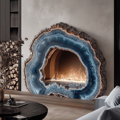 A geode fireplace is a stunning centerpiece that blends the natural beauty of geology with the warmth and comfort of a modern hearth. Crafted to mimic the intricate formations found inside geodes, the fireplace features a crystalline interior that shimmers with vibrant hues when illuminated by the flickering flames. The exterior is rugged and textured, resembling the raw outer shell of a geode, while the inside reveals a dazzling array of crystals, offering a captivating contrast. Perfect for... Geode Fireplace, Modern Hearth, Grey Marble Tile, Marble Tile Backsplash, Random Products, Resin Work, Rock Textures, Interior Design Your Home, Geode Art