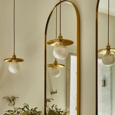 MDF Development on Instagram: "A guest bath so nice, they will never want to leave 🗝️" Hanging Lights Bathroom Vanity, Arched Bathroom Mirror With Sconces, Spanish Modern Bathroom Lights, The Ivy Restaurant Interiors Bathroom, Wooden Arch Bathroom Mirror, Arched Bathroom Mirror Brass, Paris Apartments, February 22, Guest Bath