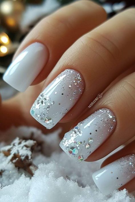 Different Shades Of White Nails, Winter Nails With Designs, Ice Nails, Winter Wedding Nails, Milky Nails, Silver Nail, Winter Nails Acrylic, White Nail Designs, Blue Nail