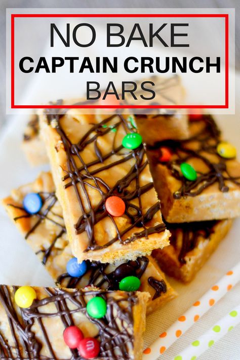 No Bake Captain Crunch Bars - Pink Cake Plate Peanut Butter Captain Crunch Bars, Captain Crunch Cereal Bars, Captain Crunch Dessert, Captain Crunch Cake, Captain Crunch Recipes, Captain Crunch Bars, Captain Crunch Cereal, Crunch Bars Recipe, Captain Crunch