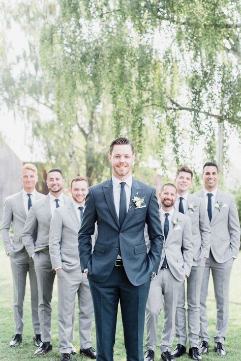 Mismatched groom and groomsmen suits by Jenn Kavanagh Photography Gray Groomsmen Suits, Groomsmen Outfit, Casual Groom Attire, Beach Wedding Groom, Wedding Groomsmen Attire, Groom And Groomsmen Suits, Groomsmen Grey, Groom Tux, Groom Wedding Attire