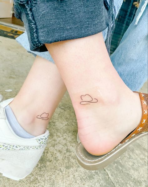 Cowboy hat, ankle, simple tattoo, small tattoo, best friend Matching Tattoos Cowboy Hat, Small Cowboy Hat Tattoos, Cowboy Hat And Boots Tattoo Matching, Small Cowboy Hat Tattoos For Women, One Line Cowboy Hat Tattoo, Cute Nashville Tattoos, Small Nashville Tattoo, Nashville Friend Tattoos, Matching Nashville Tattoos