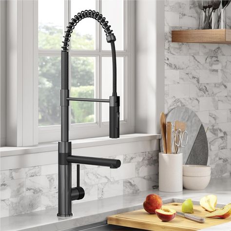 Amazon.com: KRAUS: Kitchen faucets Black Stainless Steel Kitchen Faucet, Kraus Faucet Kitchen, Black Kitchen Faucet With Stainless Sink, Kitchen Sink Faucet Ideas, Rustic Kitchen Faucets, Kitchen Faucet Ideas, Pot Filler Kitchen, Modern Kitchen Faucet, Kitchen Centerpiece