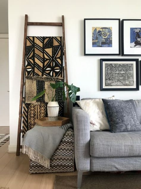 Vote on A Modern, Bohemian, Eclectic Small/Cool Space in the Small/Cool Contest | Apartment Therapy Ladder Decor Living Room, Throw Blanket Ladder, Blanket Ladder Decor, Loft Aesthetic, Wood Blanket Ladder, Blanket Ladders, Space Apartments, Bohemian Eclectic, Blanket Ladder