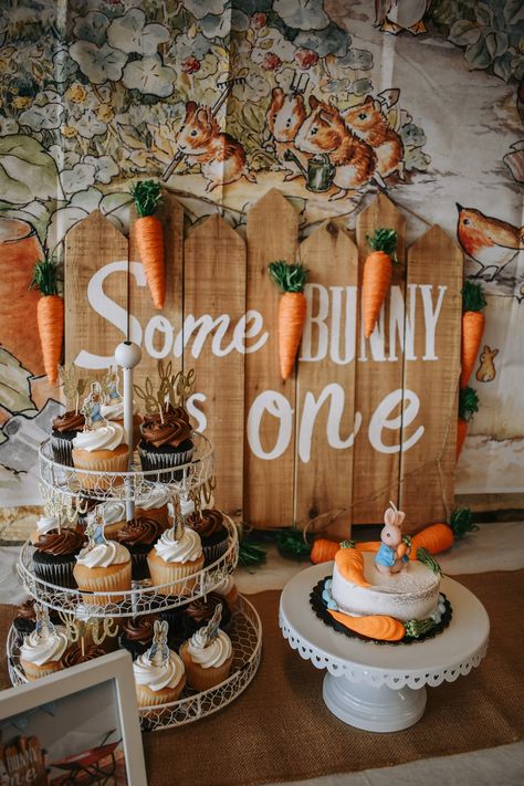 Some Bunny Is 1 Cake, Somebunny Is Turning One Cake, Some Bunny Is One Smash Cake, Easter Themed Birthday Party For Boy, Peter Rabbit First Birthday Party, Easter Themed First Birthday Party, Easter First Birthday Boy, Peter Cottontail Birthday Party, Carrot Birthday Party